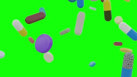 Multi-colored tablets and capsules falling down on green screen 3d background Stock Footage 313547846