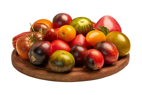 Multi-colored tomatoes: red, yellow, orange, green on a round wooden board .. Stock Photos