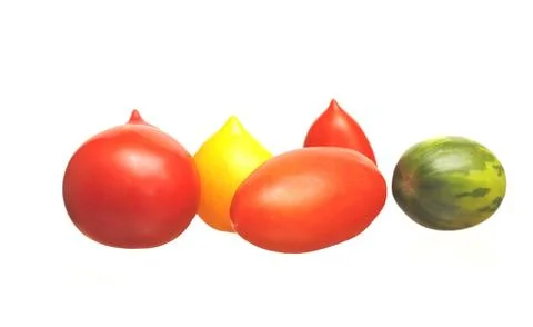 Multi-colored tomatoes on a white background. Stock Photos