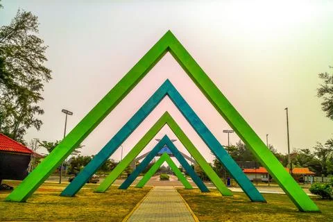 The multi-colored triangular structure is one of the landmarks Stock Photos