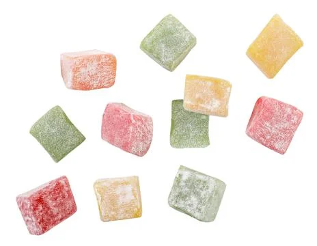 Multi-colored Turkish delight drops close-up on a white background, Turkish d Stock Photos