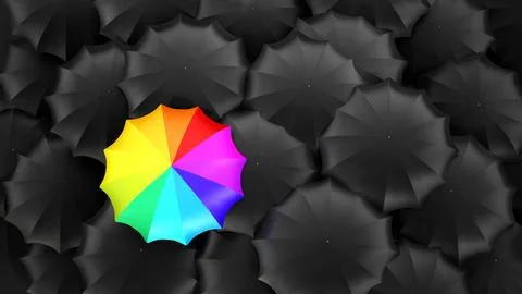 Multi-colored umbrella stands out among black ones. 3D illustration Stock Illustration