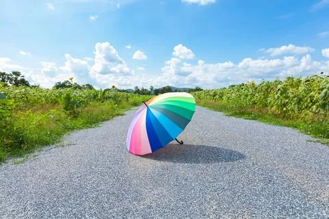 Multi-colored umbrella on the street. Stock Photos