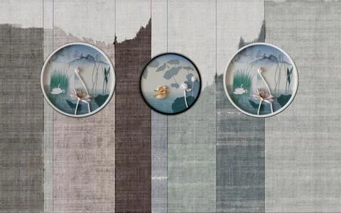 Multi-colored vertical boards, round frames with water lilies and swans Stock Illustration