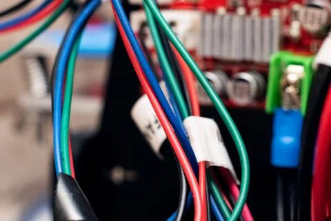 Multi colored wires on an electronic device Stock Photos