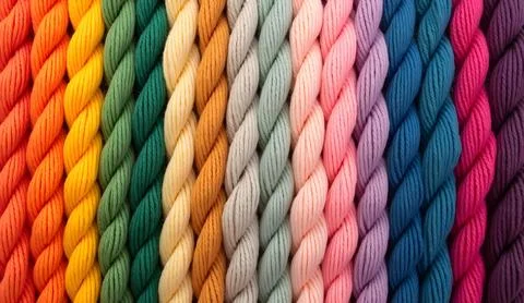 Multi colored woolen threads decoration lying side by side and displaying c.. Stock Photos