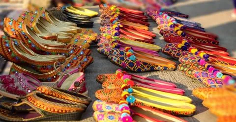 Multi Colour Hand Made Indian Rajasthani Traditional Women Sandal, jutty Stock Photos