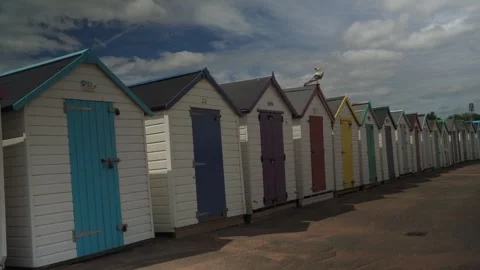 Multi coloured beach huts by the sea Devon England Stock Footage 338033899