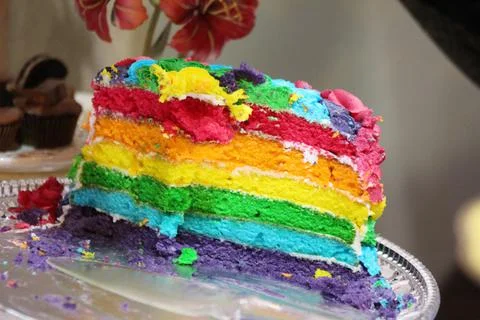 Multi coloured delious cake slice, rainbow cake Stock Photos