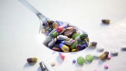 Multi-coloured pills, capsules and tablets on the spoon. Colourful drugs. Stock Footage 201242717