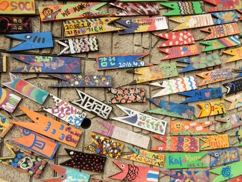 Multi-coloured signposts on a wall at Gamcheon Culture Village, Busan, Sout.. 写真素材