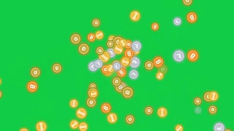 Multi Crypto Burst Animation BTC, LTC, DOGE, BNB Green Background Stock Footage 343507840