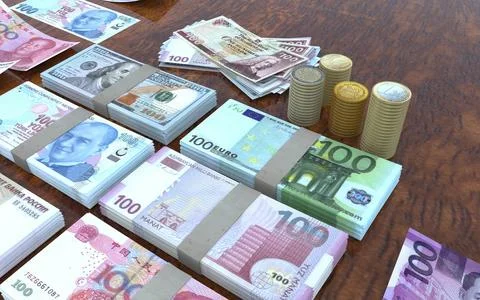 Multi currency note indicating world economy and critical fuel price Stock-Fotos