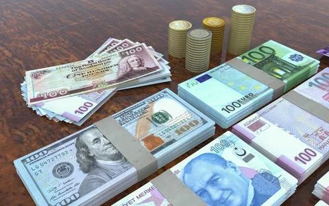 Multi currency note indicating world economy and critical fuel price Stock Photos