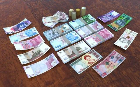 Multi currency note indicating world economy and critical fuel price Stock Photos