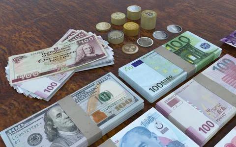 Multi currency note indicating world economy and critical fuel price Stock Photos