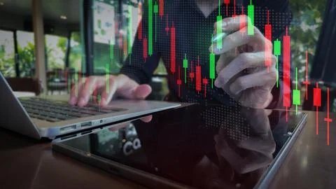 Multi-Device Digital Trading with Candlestick Chart Overlay Stock Photos