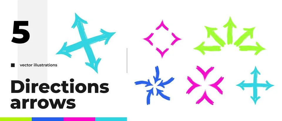 Multi direction multicolor bold thick stroke arrow set Stock Illustration
