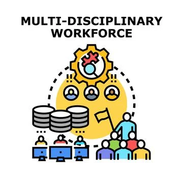 Multi disciplinary workforce combining diverse skills for team success Stock Illustration