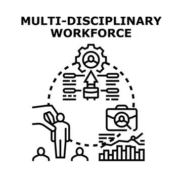 Multi disciplinary workforce developing diverse skills Stock Illustration