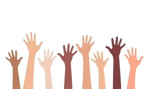 Multi-ethnic and Diverse Hands Raised Up Isolated on White Background Stock Illustration