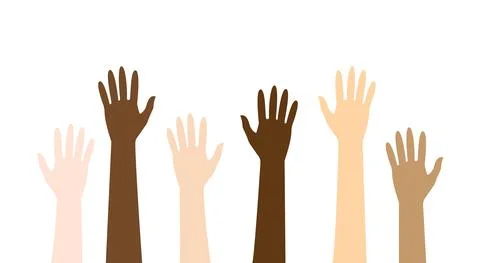 Multi-ethnic and Diverse Hands Raised Up Isolated on White Background. Vector Stock-Illustration