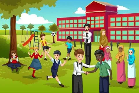 Multi Ethnic and Diverse Students Playing in School Stock Illustration