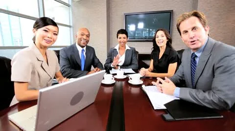 Multi Ethnic Business Team Using Online Video Uplink Stock Footage