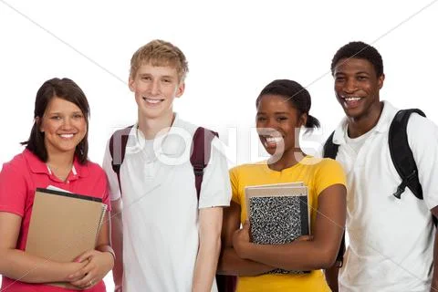 Multi-ethnic college students/friends with backpacks and books on a white bac Stock Photos