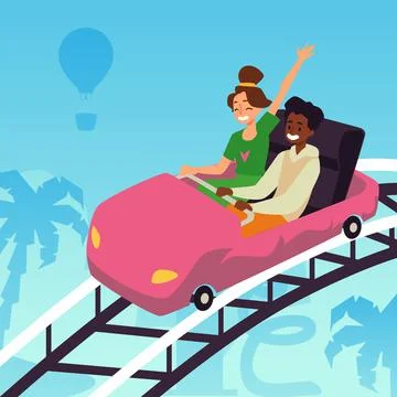 Multi-ethnic couple on roller-coaster in amusement park, vector illustration. Ilustración de archivo