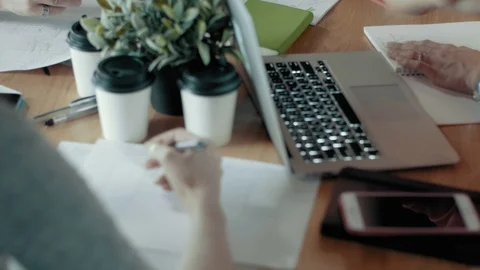 Multi-Ethnic Creative Business Team Meeting Top Dolly Shot Of Modern Office Desk Stock Footage 92172367
