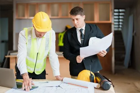 Multi ethnic engineer brainstorming and measuring for cost estimating on Stock Photos