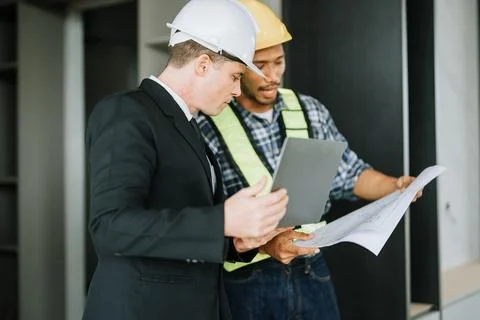 Multi ethnic engineer brainstorming and measuring for cost estimating on bl.. Stock Photos