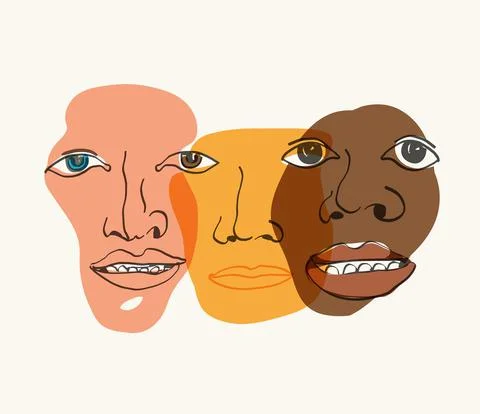 Multi-ethnic faces. Different ethnicity men - Caucasian, African, Asian.  Dif Stock Illustration