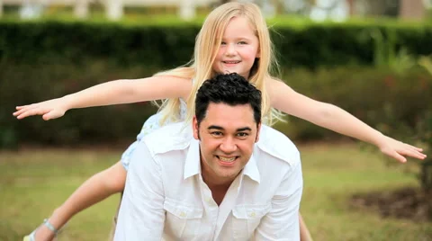 Multi-Ethnic Father &amp; Daughter Outdoor Fun Stock Footage 2951653