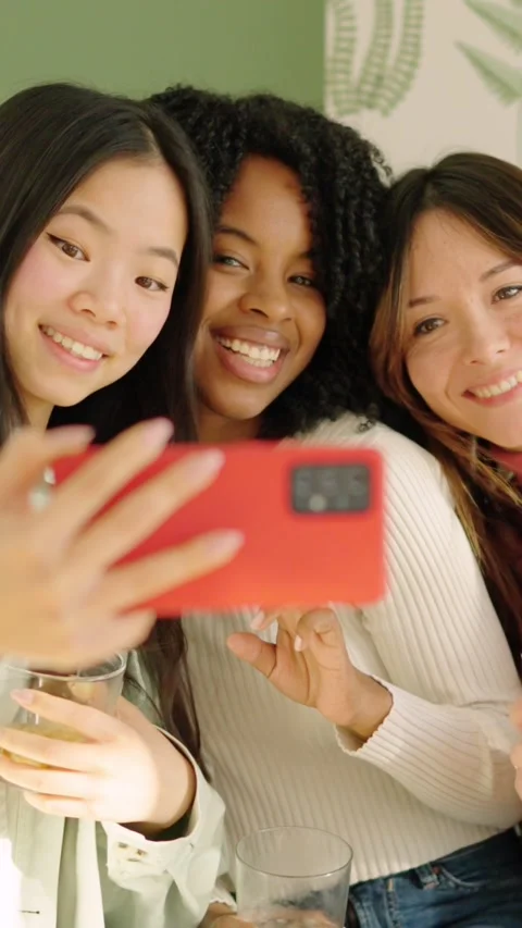 Multi-ethnic friends smiling taking a selfie indoors Stock Footage 271173969