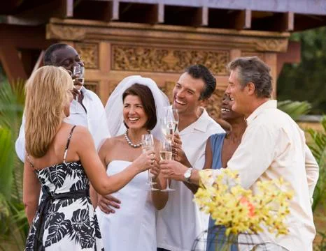 Multi-ethnic friends toasting newlyweds Stock Photos