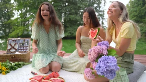 Multi-ethnic girls having fun at the picnic in sunny day laughing and relaxing Stock Footage 158886552
