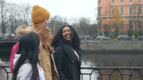Multi Ethnic Girls Walking Talking Having Fun In City Stock Footage 98564104