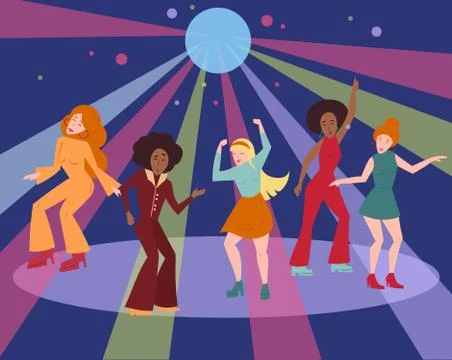 Multi ethnic group in 1960 1970 cloth dance disco Stock Illustration