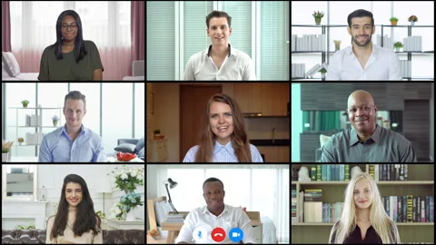 Multi ethnic group of business people working from home and office, talking t Stock Footage