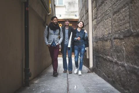 Multi-ethnic Group Of Friends Having Fun In Paris, Quartier Latin Foto stock