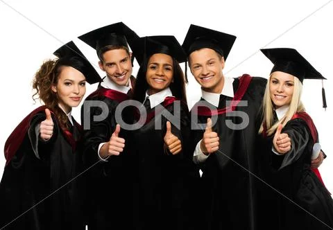 Multi ethnic group of graduated young students isolated on white Stock Photos