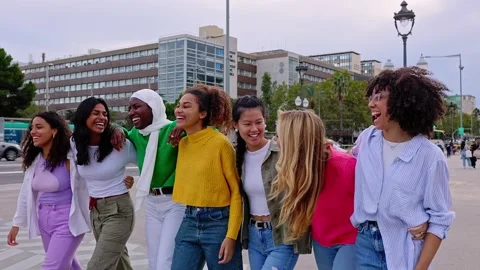 Multi ethnic group of joyful beautiful women having fun together outdoors. Stock Footage 273522589