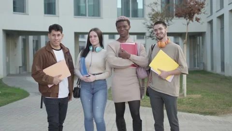Multi-ethnic group of university students posing standing on the university Stock Footage 233073989