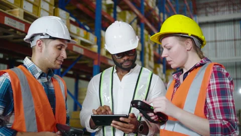 Multi ethnic group of workers have a conversation in the distribution warehouse Vidéo 164238761