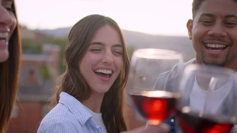 Multi-ethnic group of young people toasting with red wine glasses celebrating Stock Footage 272273035