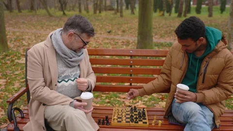 Multi-ethnic men playing chess in autumn park on a bench. Stock Footage 271325526