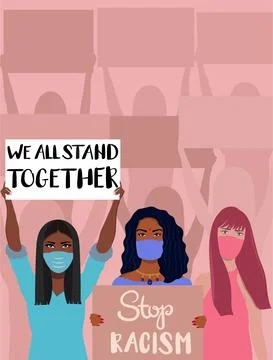Multi Ethnic, Multi Colored Women Are Protesting Against Racism, Stock Illustration