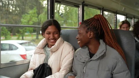 Multi-ethnic shoolchildren chatting on school bus Stock Footage 169648933